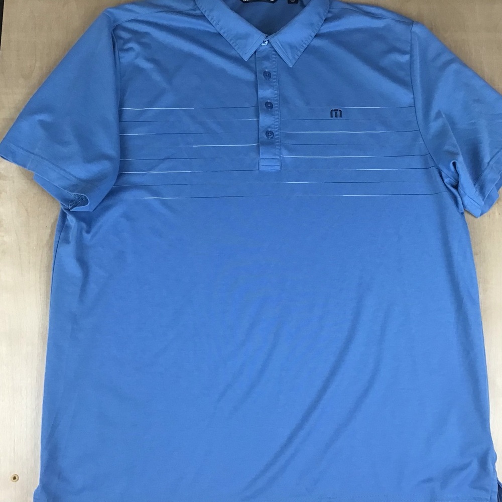 Travis Mathew Mens XXL Performance Golf Polo Shirt Blue Stripes Stretch